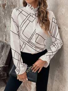 SHEIN LUNE In Địa lý Lá sen tỉa tay áo lá sen Áo sơ mi - Đen và trắng - Xem 1