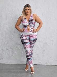 SHEIN SXY 大碼滿版印花鏤空彈力緊身連體褲 - 紫色 - 查看 3