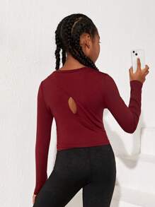 SHEIN Cô gái Tween Chất rắn Cutout Back Áo thun thể thao - Màu nâu Sô-cô-la - Xem 1