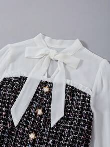 SHEIN Privé 格子圖案繫帶領口鈕扣前褶邊飾邊 2 合 1 洋裝 - 黑與白 - 查看 6