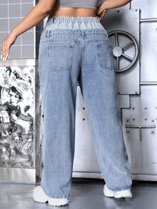 SHEIN ICON Plus Size Dual Waistband Design Denim Jeans - Blue - View 2