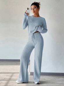 SHEIN Unity Women's Versatile Fashionable Solid Color Ribbed Knit Sweater And Pants Set - Blue - View 1