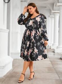 SHEIN Clasi Kích thước lớn In hoa Tay áo lồng đèn Đầm - Đen và trắng - Xem 3