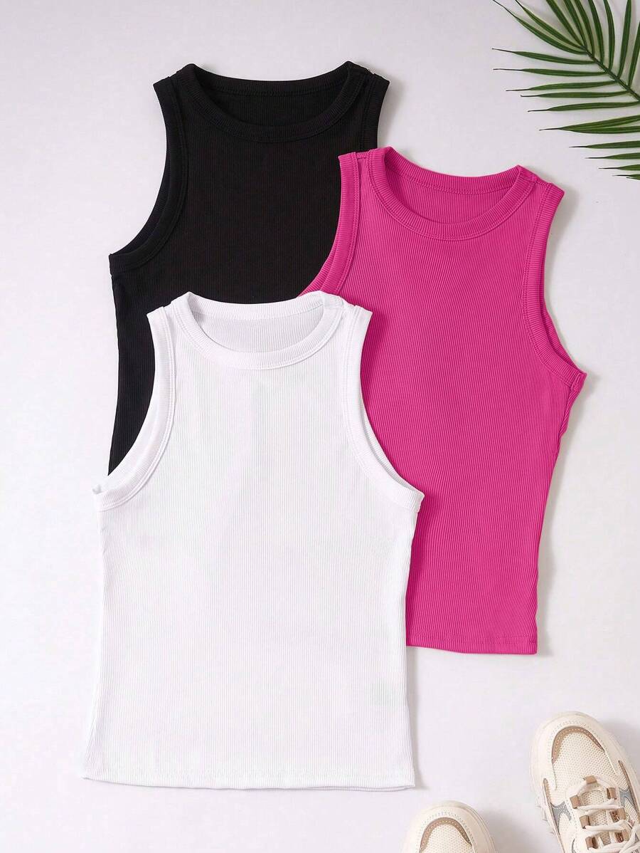 SHEIN Unity 3 Piezas De Camisetas Sin Mangas Con Espalda De Nadador En Color Sólido Para Mujer - Rosa Fucsia - Ver 1