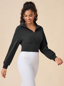 Daily&Casual Half Zip Drop Shoulder Crop Sports Sweatshirt - Dark Grey - View 5
