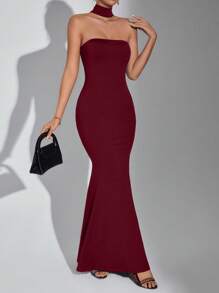 SHEIN Privé 女士純色露背美人魚裙洋裝 - 酒紅色 - 查看 5
