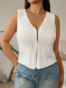 Flirla Plus Solid Button Front Knit Top - Apricot - View 1