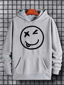 Men Expression Print Kangaroo Pocket Hoodie - Light Grey - View 1