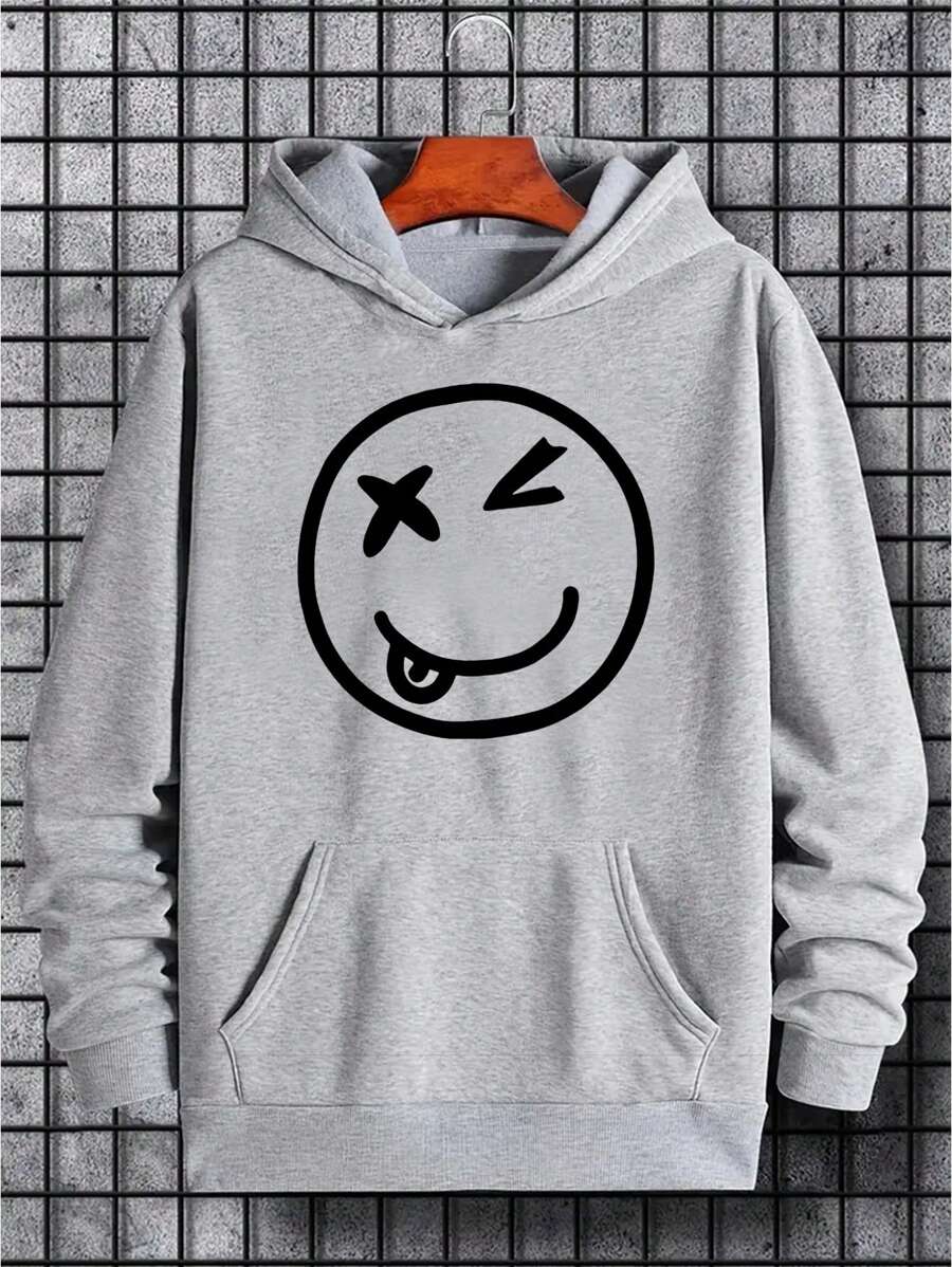 Men Expression Print Kangaroo Pocket Hoodie - Light Grey - View 1