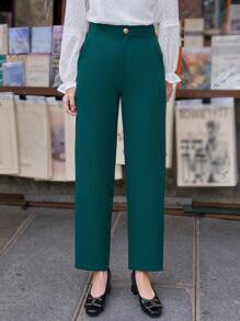 SHEIN Frenchy Của phụ nữ Màu thuần Giò thẳng Quần váy - xanh quân đội - Xem 4