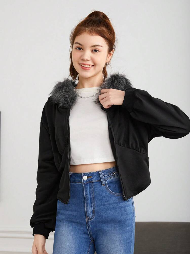 Teen Girl Fuzzy Trim Zip Up Sweatshirt