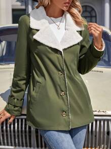 SHEIN LUNE Women'S Collared Single Breasted Thermal Lined Coat - Army Green - View 6