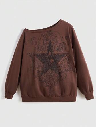 Fairycore Sudadera oversize con estampado de estrellas y enredaderas de hombro asimétrico