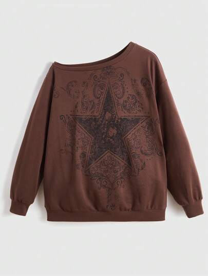 Fairycore Sweatshirt oversize à imprimé étoiles et vignes asymétrique aux épaules