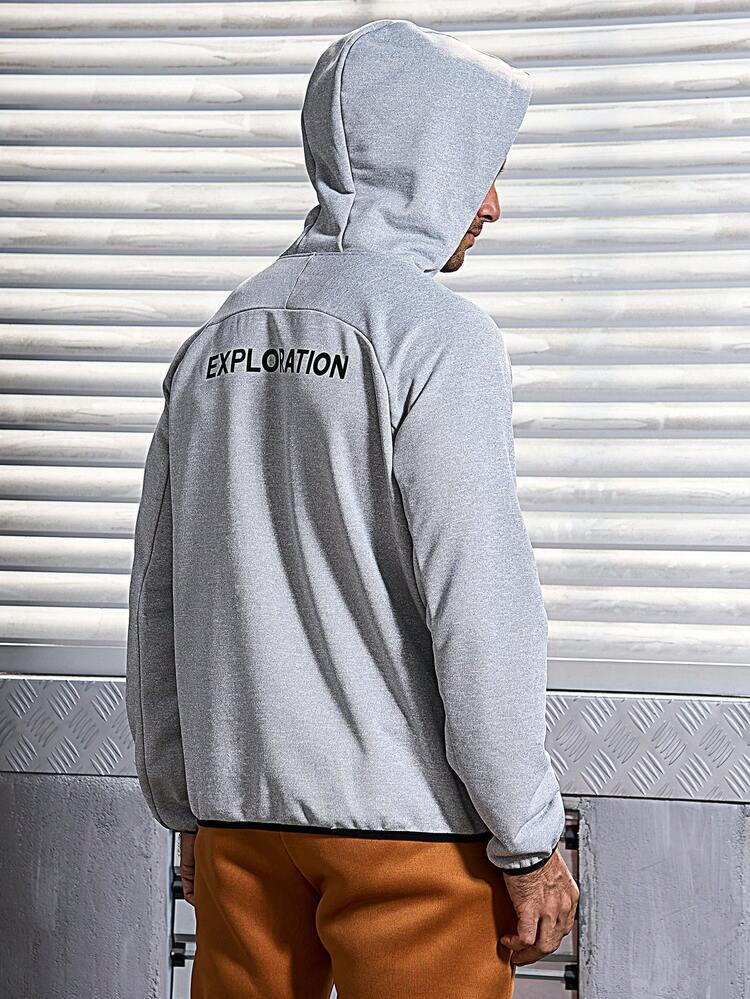 Men's Letter Print Zipper Front Hooded Sports Jacket Workout Tops Sports Jacket