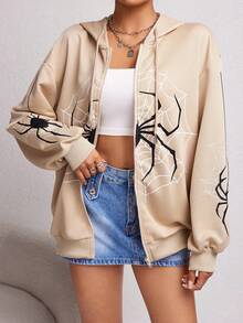 SHEIN EZwear 蜘蛛網印花掉肩束口拉鍊連帽衛衣 - 卡其色 - 查看 3