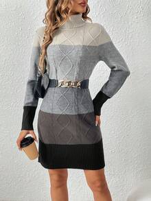 SHEIN LUNE Color Block Turtleneck Sweater Dress - Grey - View 3