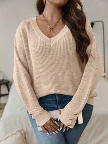 SHEIN Clasi 大碼落肩袖紐扣細節條紋針織套頭毛衣 - 卡其色 - 查看 4