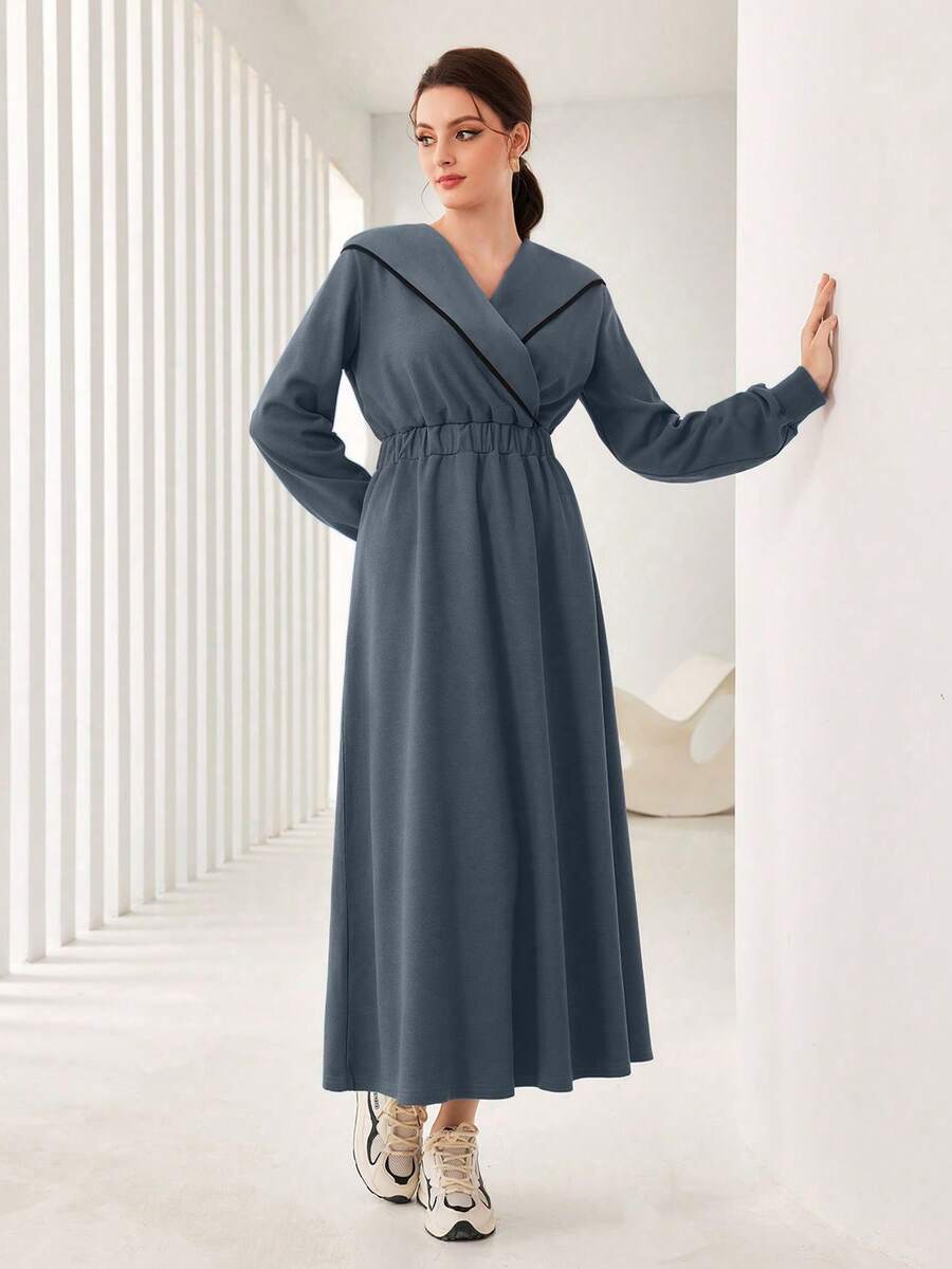 Modelyn Của phụ nữ Collared Đầm nỉ Với Kẹp chặt Eo - Xám - Xem 1