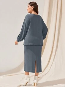 Mulvari Plus Size Round Neck Loose Cross Strap Top And Skirt Two Piece Set - Dusty Blue - View 2