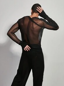 Áo thun nam tay dài lưới tương phản gợi cảm - màu đen - Xem 2