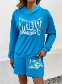 SHEIN Unity Letter Print Drop Shoulder Hoodie And Shorts Set - Blue - View 6