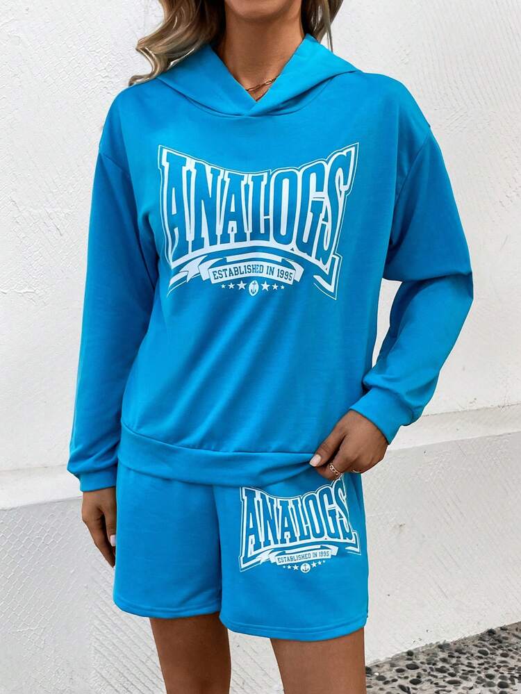 Letter Print Drop Shoulder Hoodie And Shorts Set