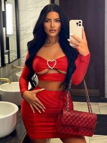 SHEIN SXY Heart Pearl Decorated Sexy Clothing Club Mini Women'S Two Piece Set - Red - View 4