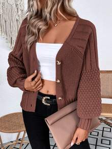 SHEIN Frenchy 燈籠袖系扣毛衣開襟衫 - 紅木色 - 查看 3