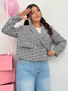 SHEIN EZwear 大碼雙排釦千鳥格西裝外套帶鈕扣細節 - 黑與白 - 查看 2