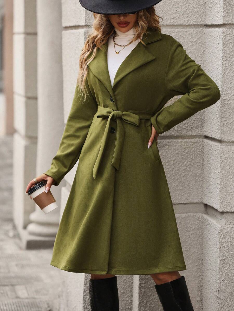 Chiquease Lapel Neck Belted Trench Coat Fall Cloth For Women - Army Green - View 1