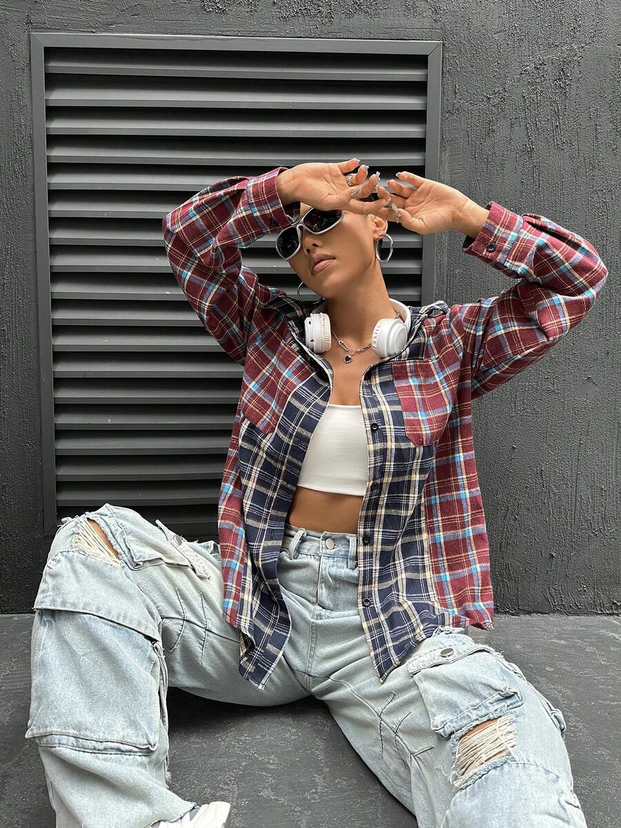 SHEIN Unity Kẻ sọc Thả vai Áo sơ mi - Nhiều màu - Xem 1