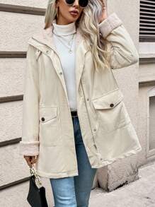 SHEIN Frenchy Của phụ nữ áo có mũ Lông cừu Áo khoác Với Túi - Màu be - Xem 3