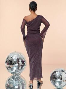 Asymmetrical Neck Shiny Long Sleeve 3D Floral Pleated Slit Party Dress - Purple - View 2