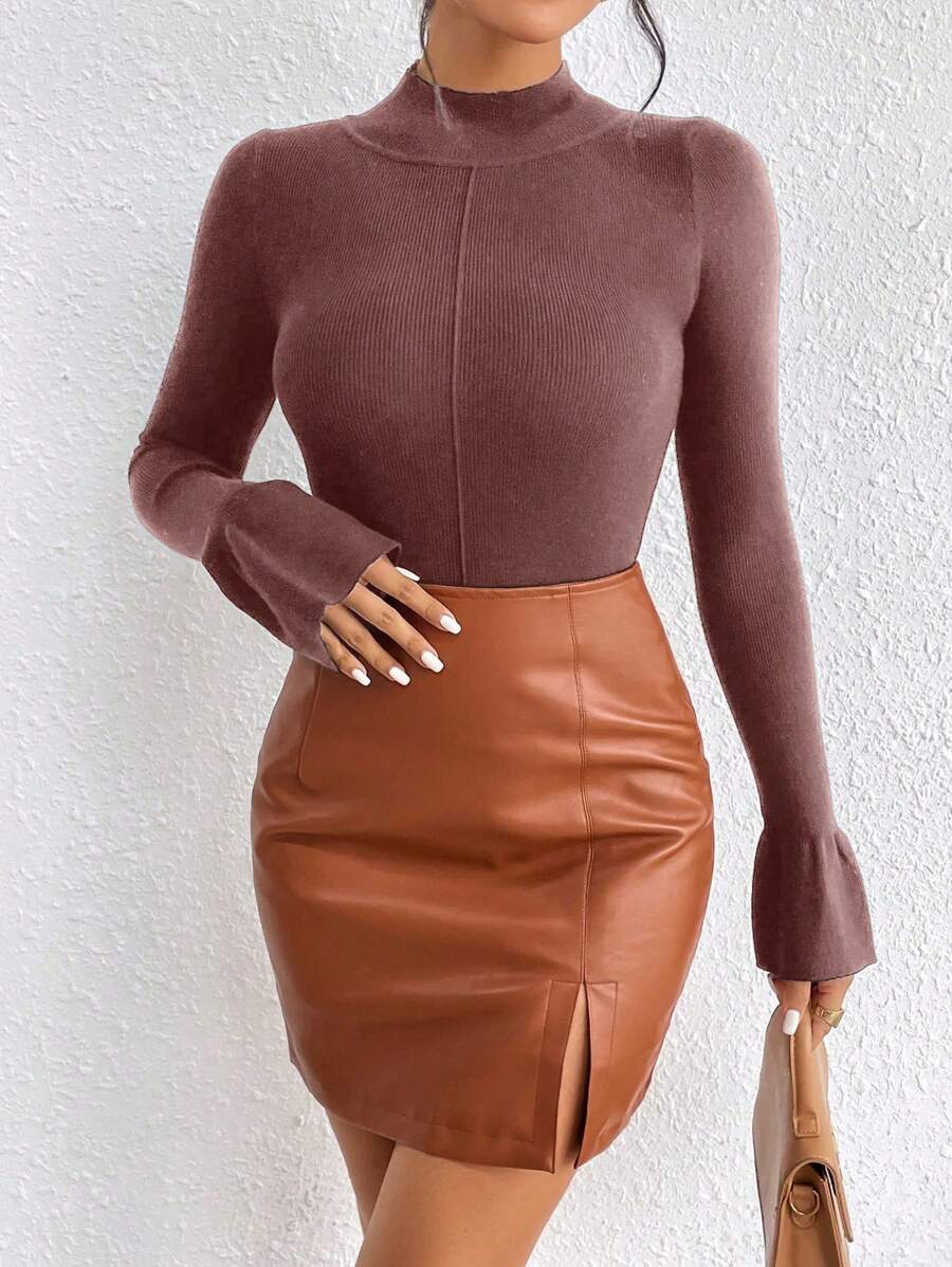 Chiquease Women'S Sweater With Flared Sleeves Knit Pullover Fall Winter Outfit - Coffee Brown - View 1