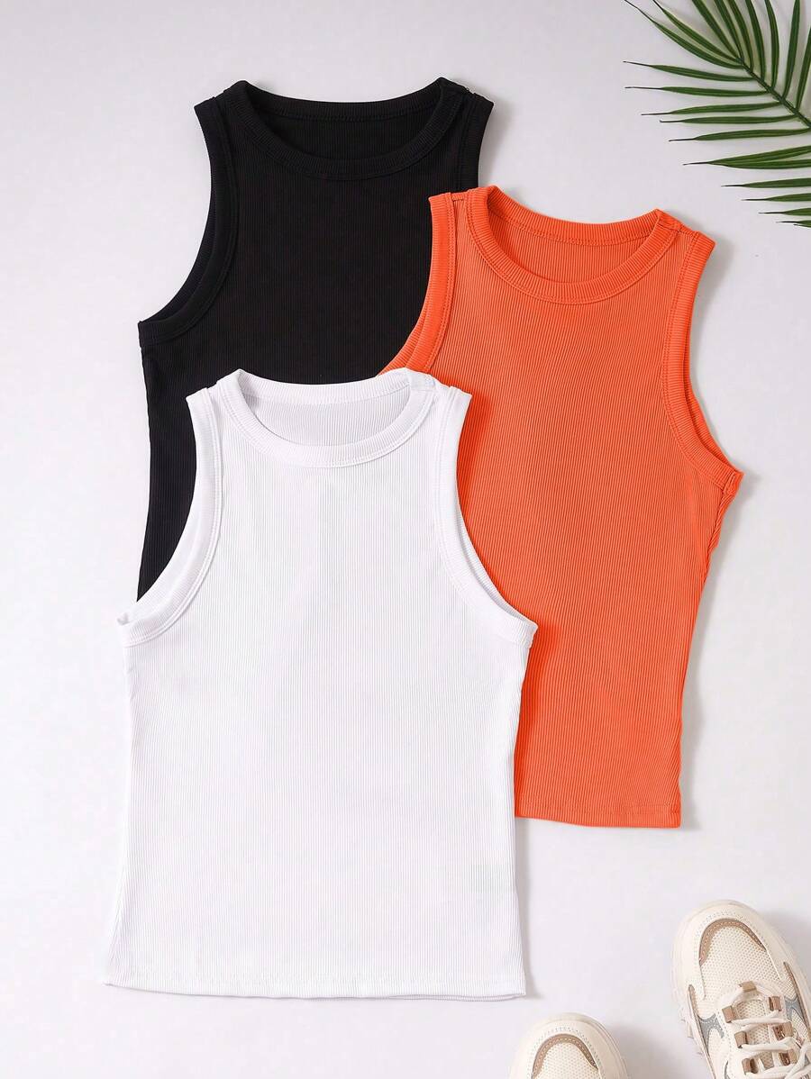 SHEIN Unity 3入組女士純色肋紋背心 - 橘色 - 查看 1