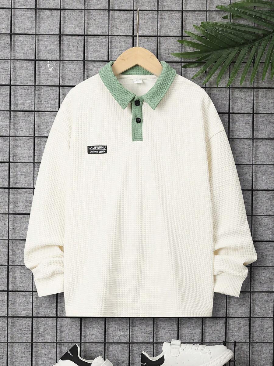 SHEIN Cậu bé Tween Chi tiết Patched thư Thả vai Viền tương phản Áo polo - Nhiều màu - Xem 1
