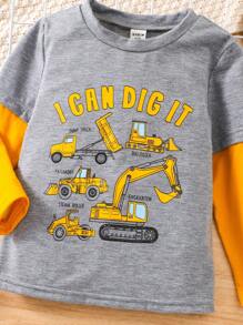 SHEIN Trẻ Con trai Hoạt hình In máy xúc 2 trong1 Dài tay Áo thun - Nhiều màu - Xem 3