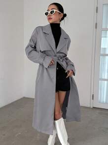 DAZY Lapel Neck Belted Trench Coat,Fall Clothes Women Jacket - Light Grey - View 4