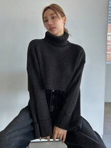 Dazy Star Cổ cao Thả vai Lỏng lẻo phù hợp Ngắn Áo len - Xám - Xem 9