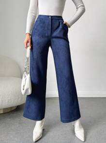 RueChic Blue Straight Leg Pants With Slant Pockets - Navy Blue - View 4