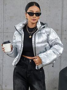 SHEIN Essnce Abrigo acolchado con capucha con cordón metálico de PU, ropa de invierno de moda - Plateado - Ver 6