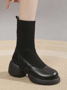 Women's Black Elasticated Thigh High Boots With Thick Sole - Black - View 4