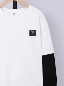 SHEIN Tween Boy Round Neck 2 In 1 Casual Summer Versatile Patch Knit T-Shirt - Black and White - View 3
