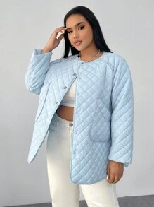 SHEIN EZwear 带缝线和纽扣设计的加大码夹棉大衣 - 藍色 - 查看 4