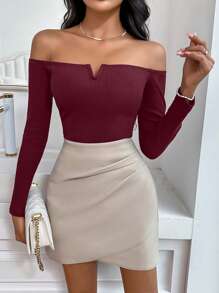 Firerie 女士肋紋針織純色束身t恤,帶有單肩領口 - 酒紅色 - 查看 4