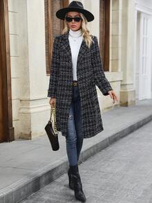 SHEIN LUNE 格紋圖案西裝領粗花呢花呢外套 - 黑色 - 查看 7