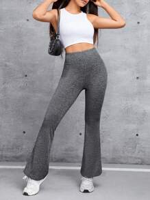 SHEIN PETITE Women's Solid Color High Waisted Wide Leg Pants - Grey - View 5