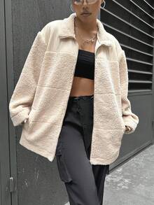 SHEIN Unity Của phụ nữ Quay xuống Vòng cổ Thả vai áo - Màu Khaki - Xem 3