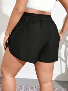 Swim Lushoire Summer Beach Plus Size Drawstring Waist Swim Bottoms - Black - View 2